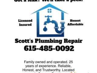 Got a leak? We’ll take a peek! Call Scott’s Plumbing Repair today! 615 485 0092